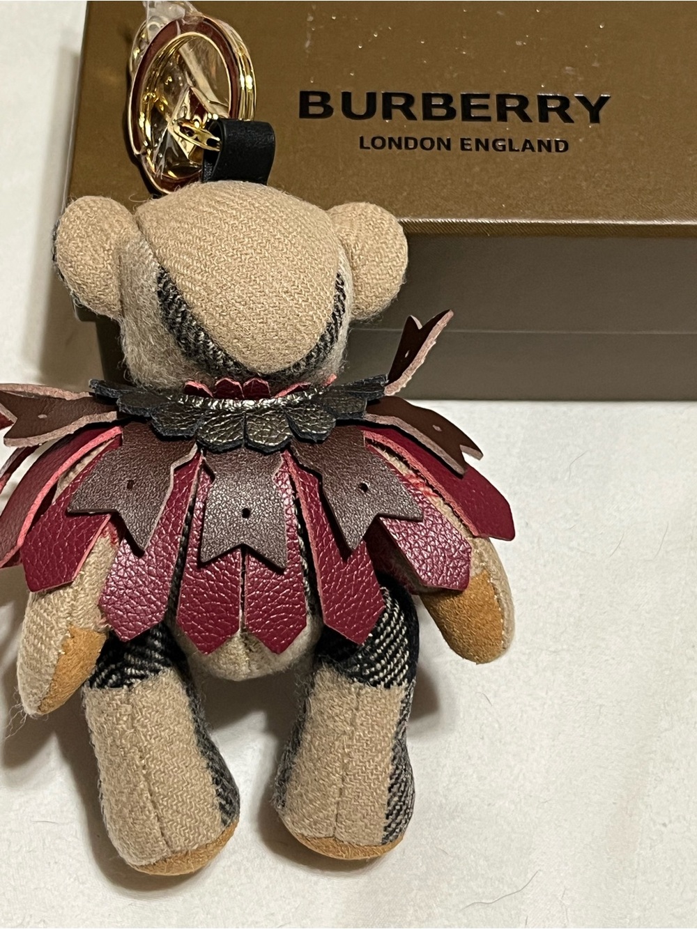 Burberry Burgundy, Tan and Black Plush Bear Bag Charm with Gold Hardware - Picture 2 of 5